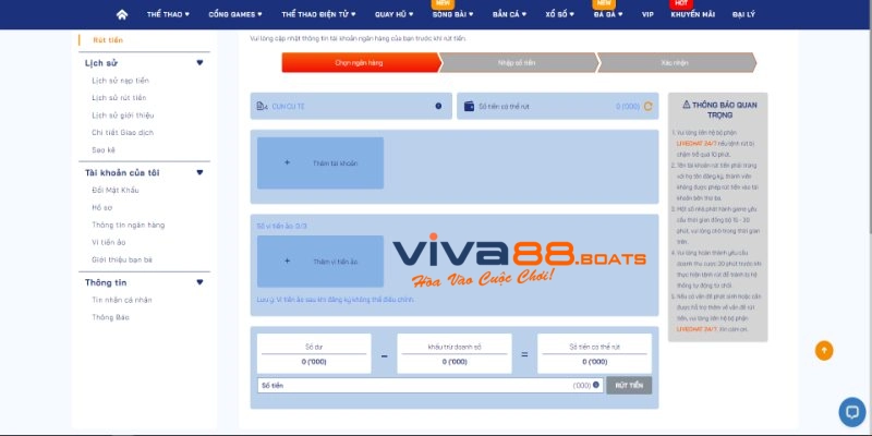 Giao dịch rút tiền tại Viva88